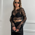 Black See-through Brocade Lace Long Sleeve Round-neck High Waist Skirt Suit - Other