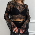 Black See-through Brocade Lace Long Sleeve Round-neck High Waist Skirt Suit - Other