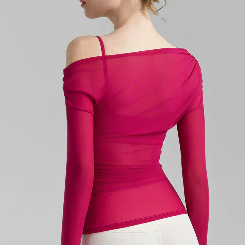 Black sheer mesh long sleeve top, translucent apparel