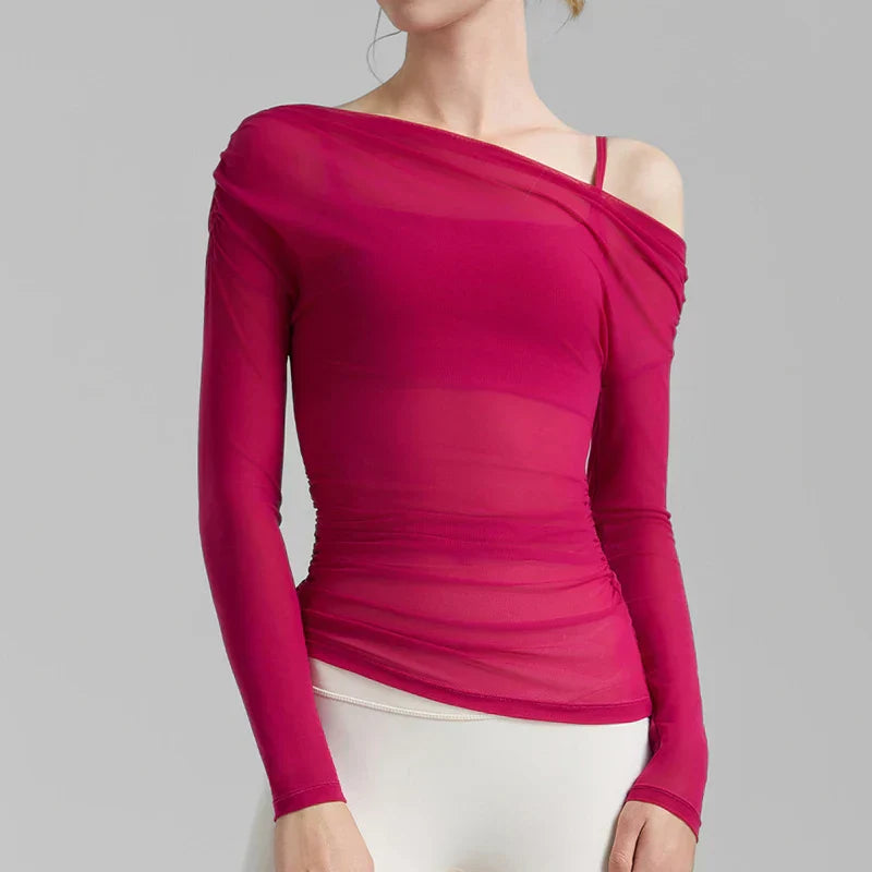 Sheer magenta mesh translucent apparel long-sleeve off-shoulder top