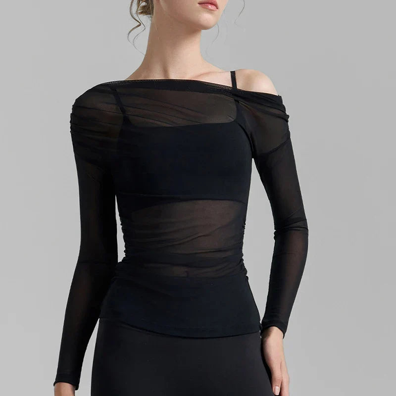 Black sheer mesh long sleeve top, translucent apparel