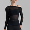 Black sheer mesh long sleeve top, translucent apparel