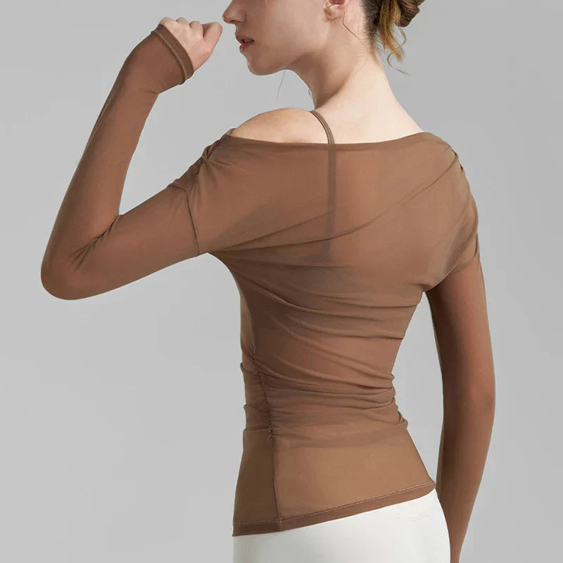 Black sheer mesh long-sleeve off-shoulder top with thumbholes, translucent yoga shirts