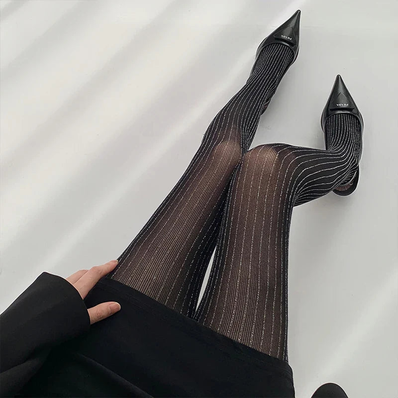 Black Tights Women Luxury Silver Silk Thigh