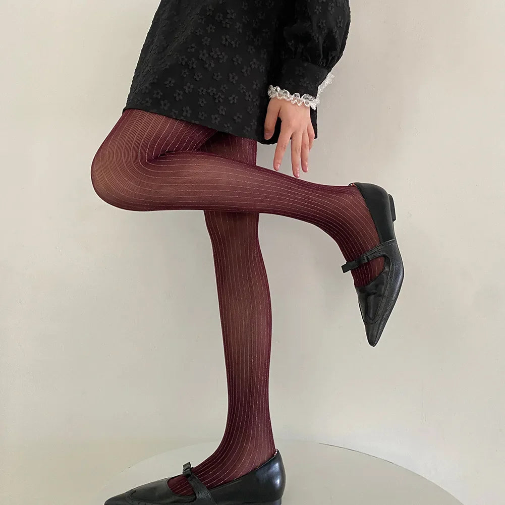 Black Tights Women Luxury Silver Silk Thigh - Burgundy / One Size