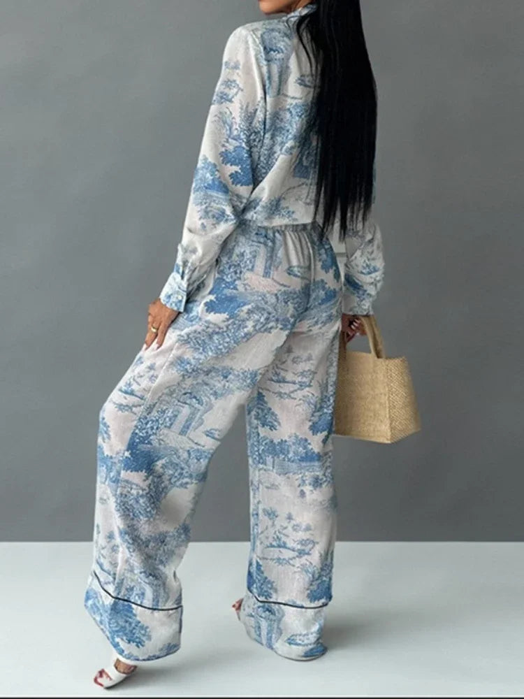 Blue and white toile print pajama set with white bralette and lapel collar