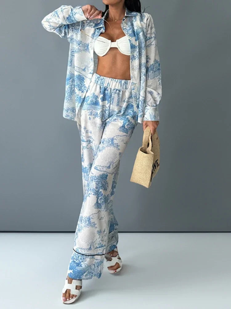 Blue and white toile print pajama set with white bralette and lapel collar