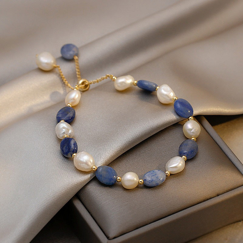 Blue Aventurine Freshwater Pearl Crystal Bracelet For Women - Gold 19cm - electronic accessories