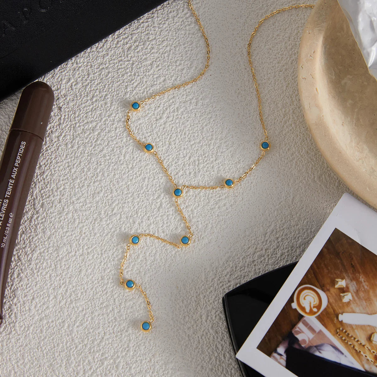 Blue turquoise Y-shaped Choker Necklace Waterproof Stainless Steel - JDN0306061