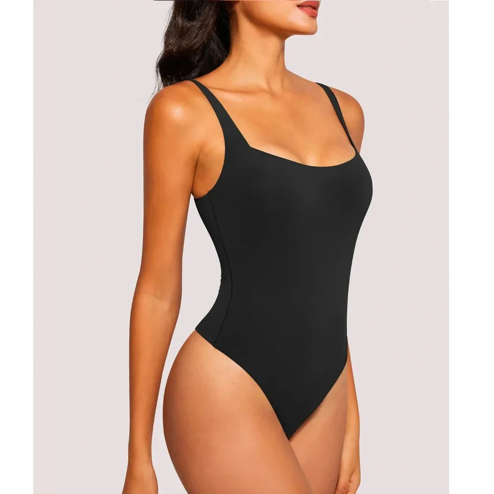 Bodysuit Thong Vest Body-Hugging T-shirt Women Square Neck Sleeveless Bodywear - Sleeveless-cocoa / S