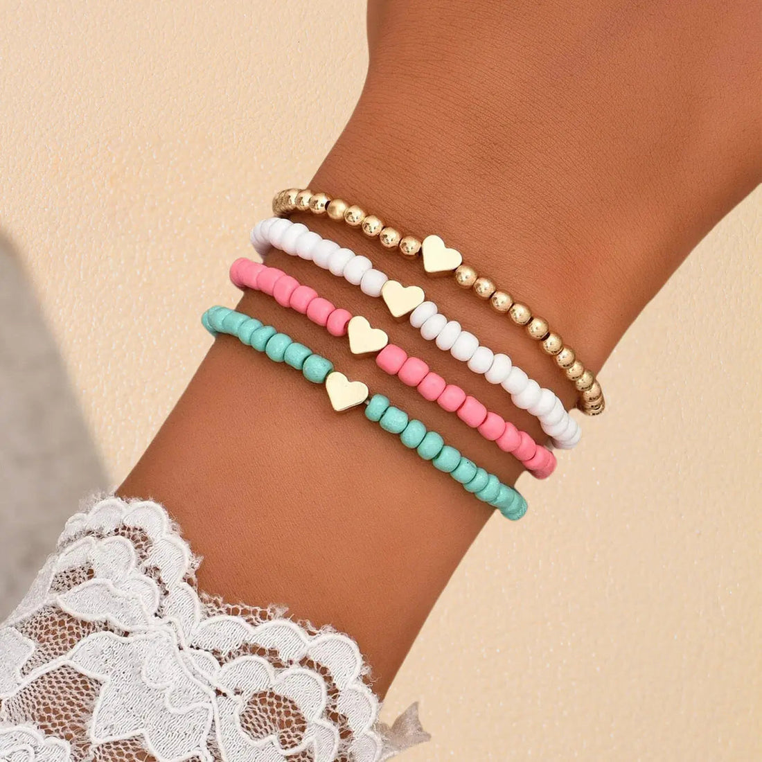 Bohemian Love Bead Four-piece Simple Peach Heart Beaded Bracelet - Four Colors / Glass rice beads - electronic