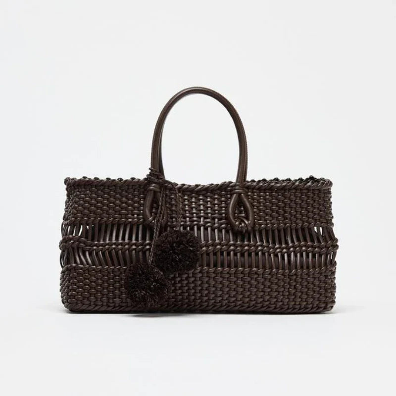 Braided Handbag Tote Bag With String - Beige