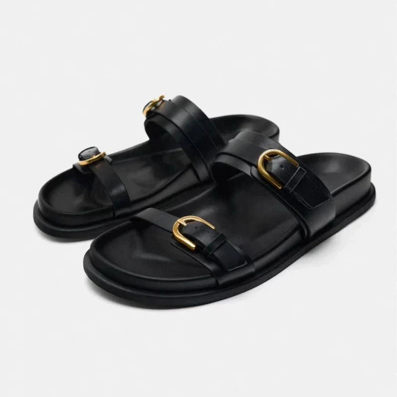 Brown Double Strap Buckle Flat Sandals For Women - 1 / 38