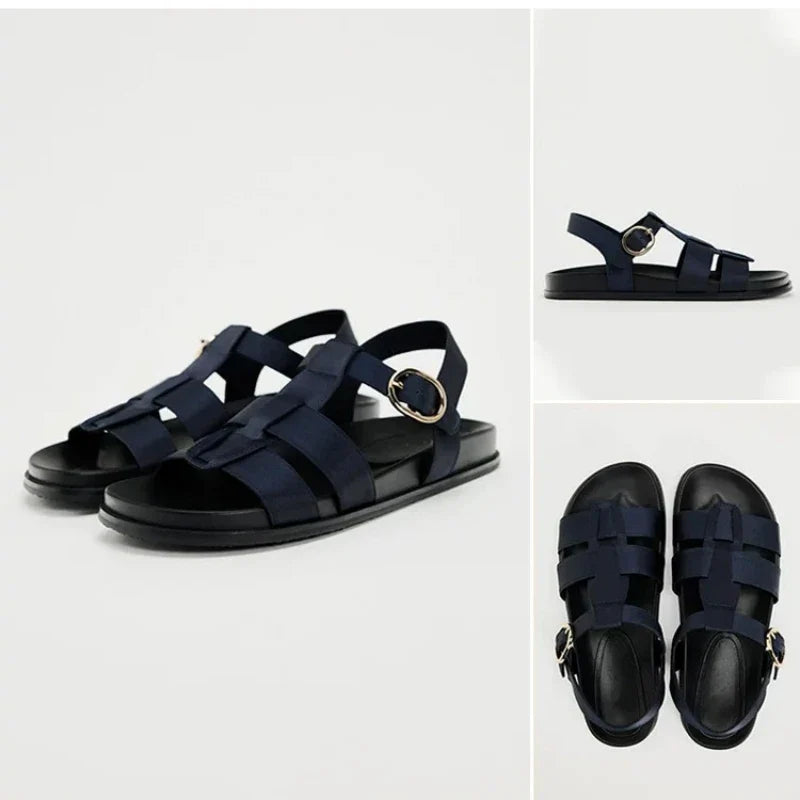 Brown Double Strap Buckle Flat Sandals For Women - 10 / 37