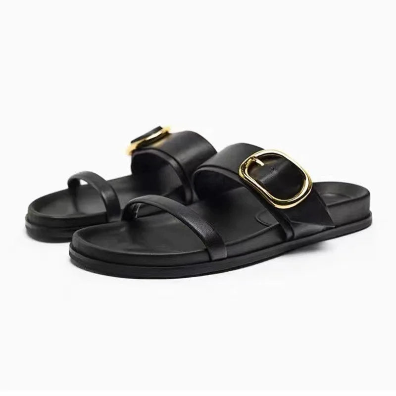 Brown Double Strap Buckle Flat Sandals For Women - 12 / 40