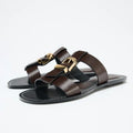 Brown Double Strap Buckle Flat Sandals For Women - 15 / 36