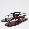 Brown Double Strap Buckle Flat Sandals For Women - 2 / 37