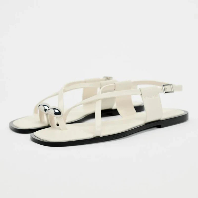 Brown Double Strap Buckle Flat Sandals For Women - 3 / 40