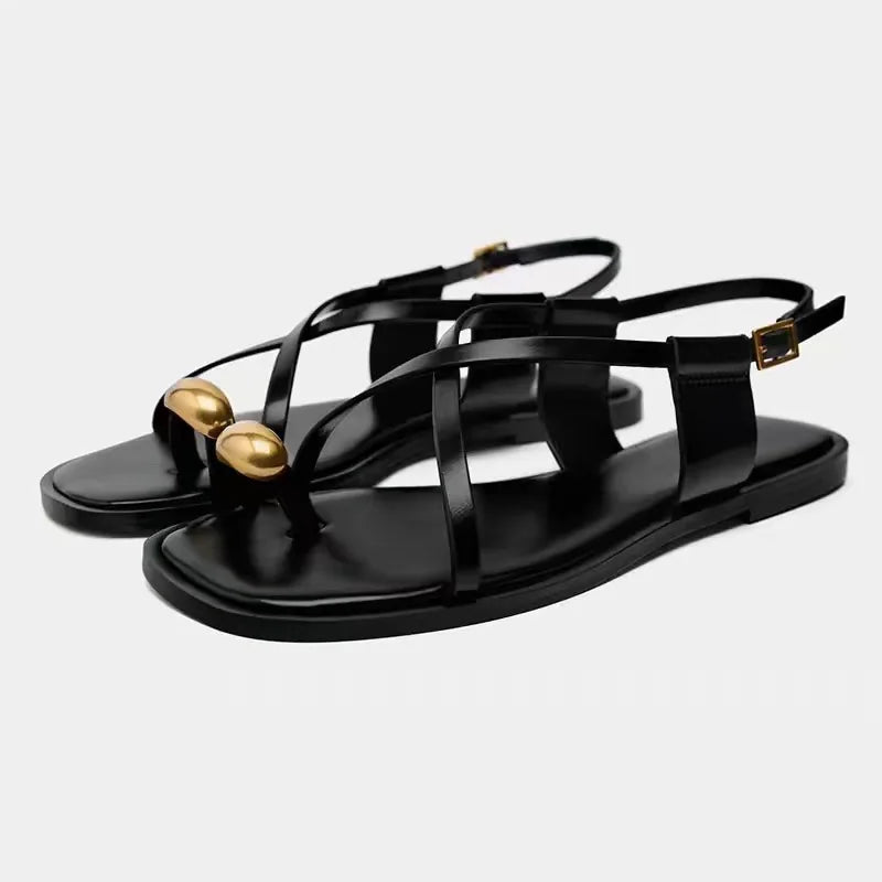Brown Double Strap Buckle Flat Sandals For Women - 4 / 39