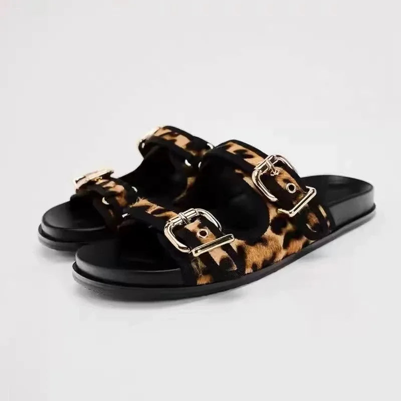 Brown Double Strap Buckle Flat Sandals For Women - 9 / 40