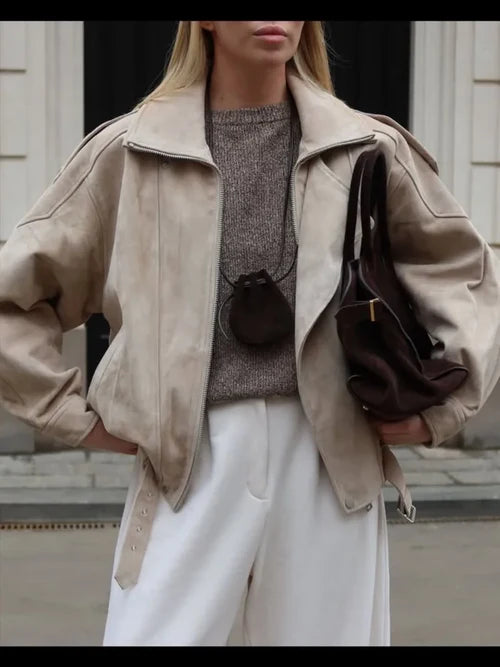 Brown Faux Suede Cropped Casual Coat Vintage Lapel Solid Zipper - M / Beige color - Other