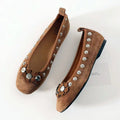 Brown Metal Button Flower Decoration Ballet Flats