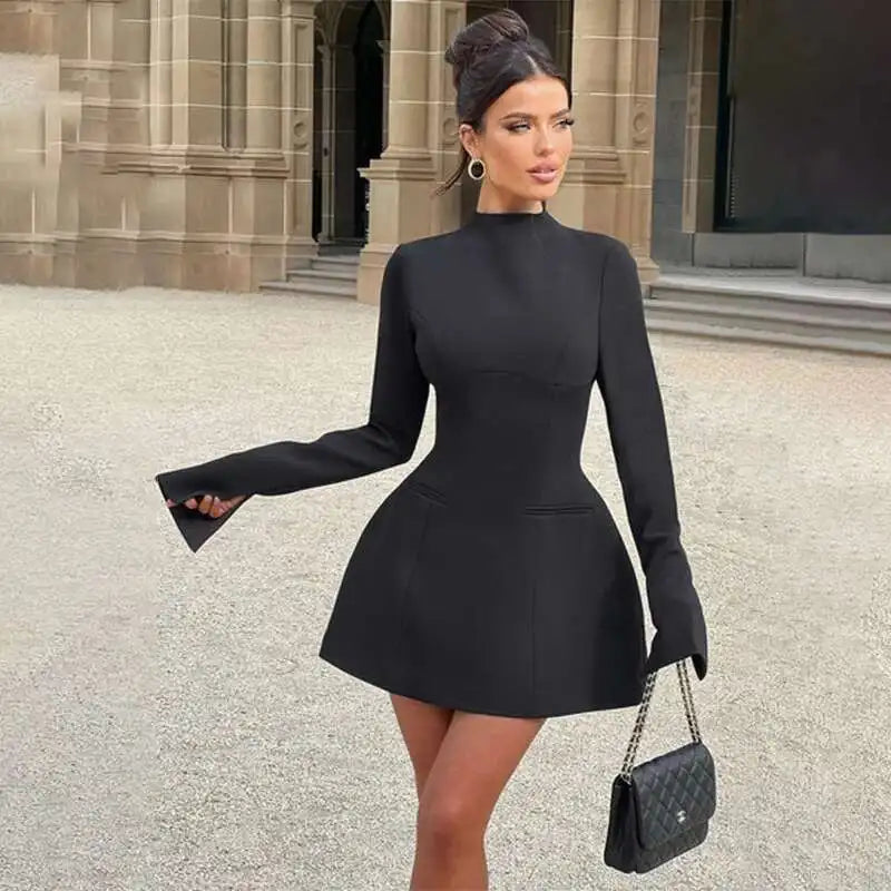 Button Backless Bodycon Short A-line Dress Women - DS198Black / S