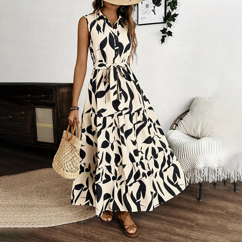 Women Sleeveless Boho Floral Maxi Dress Button Shirt V Neck Flowy Belted - Norellé