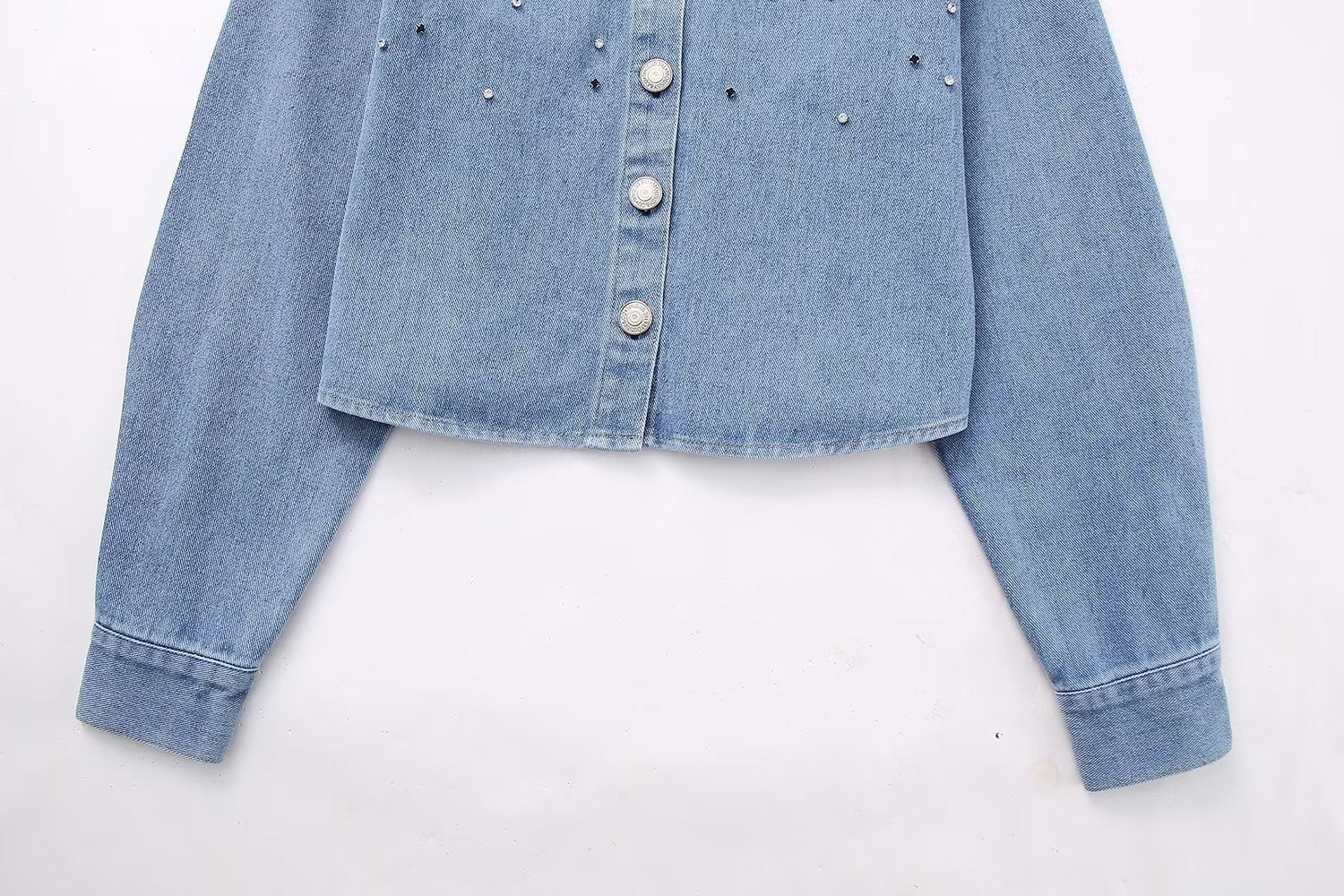 Long Sleeve Rhinestone Short Denim Shirt - Norellé