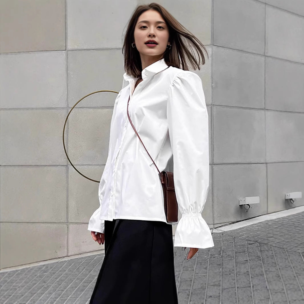 White Loose Puff Sleeves Shirt Women's Top - Norellé