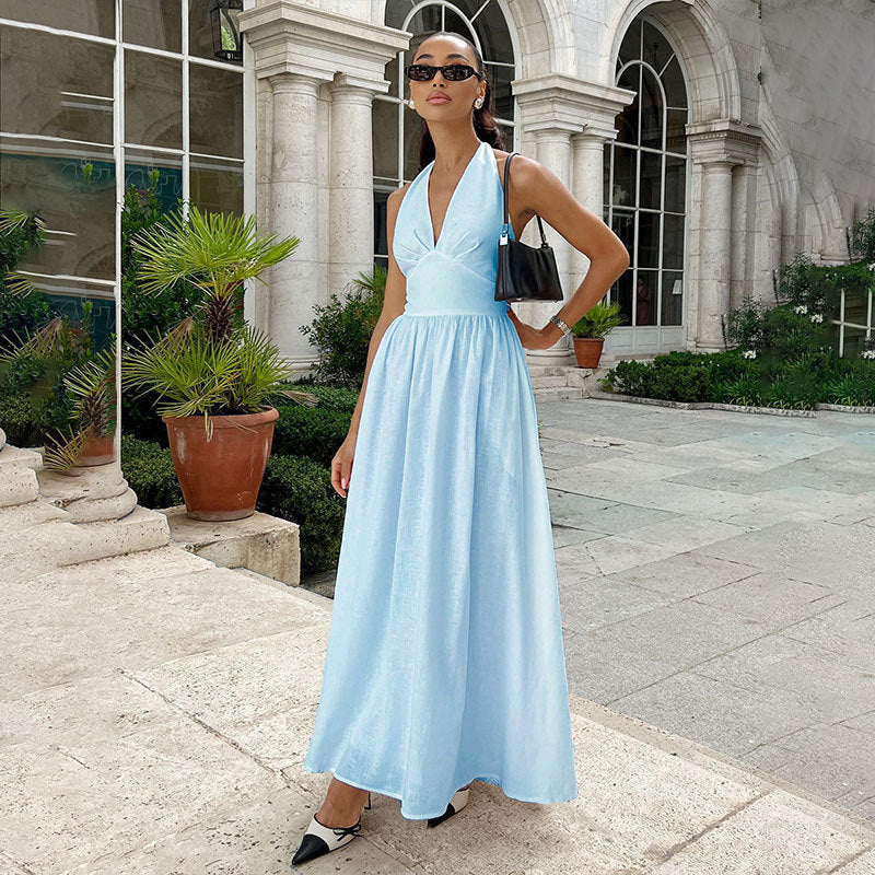 Halter Lace-up Backless Long Dress - Norellé