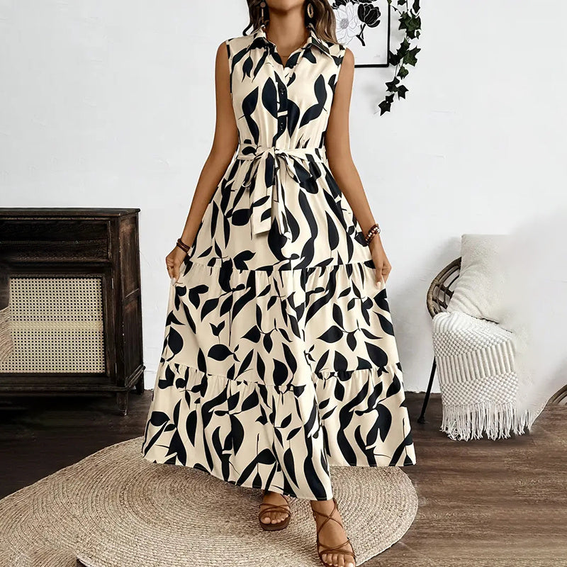 Women Sleeveless Boho Floral Maxi Dress Button Shirt V Neck Flowy Belted - Norellé