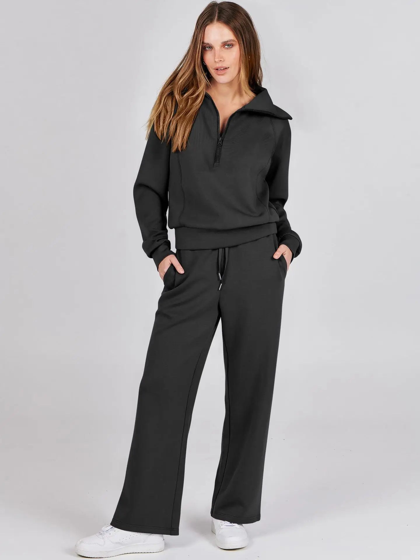 Casual 2-Piece Set Long Sleeve Sweatshirt Bell Bottoms Sports Suit - black / M
