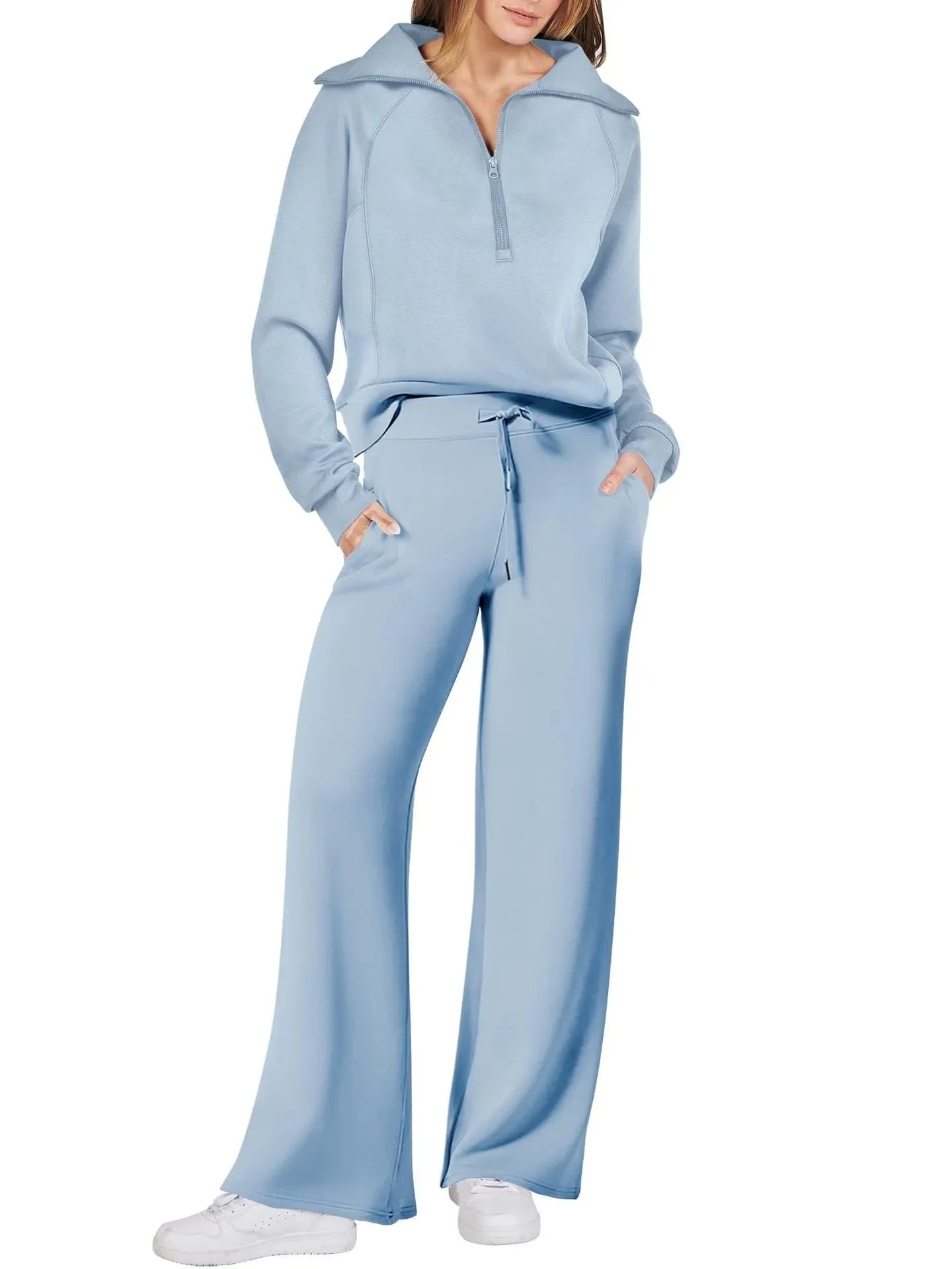 Casual 2-Piece Set Long Sleeve Sweatshirt Bell Bottoms Sports Suit - SKY BLUE / L