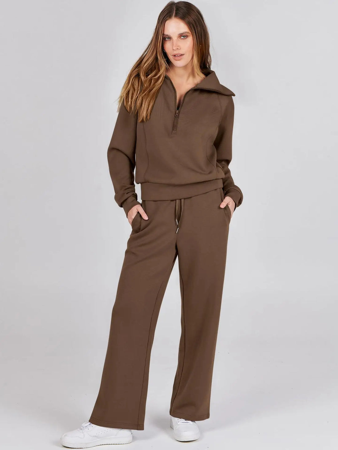 Casual 2-Piece Set Long Sleeve Sweatshirt Bell Bottoms Sports Suit - Dark Brown / S
