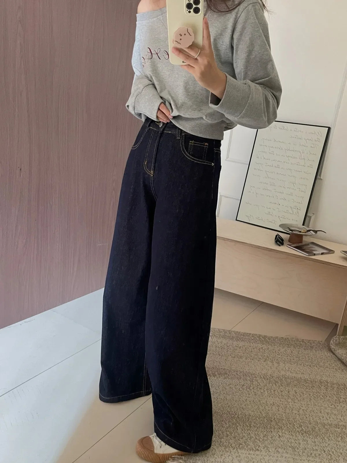 Casual Dark Blue Wide Leg Jeans Women Vintage Baggy High Waist