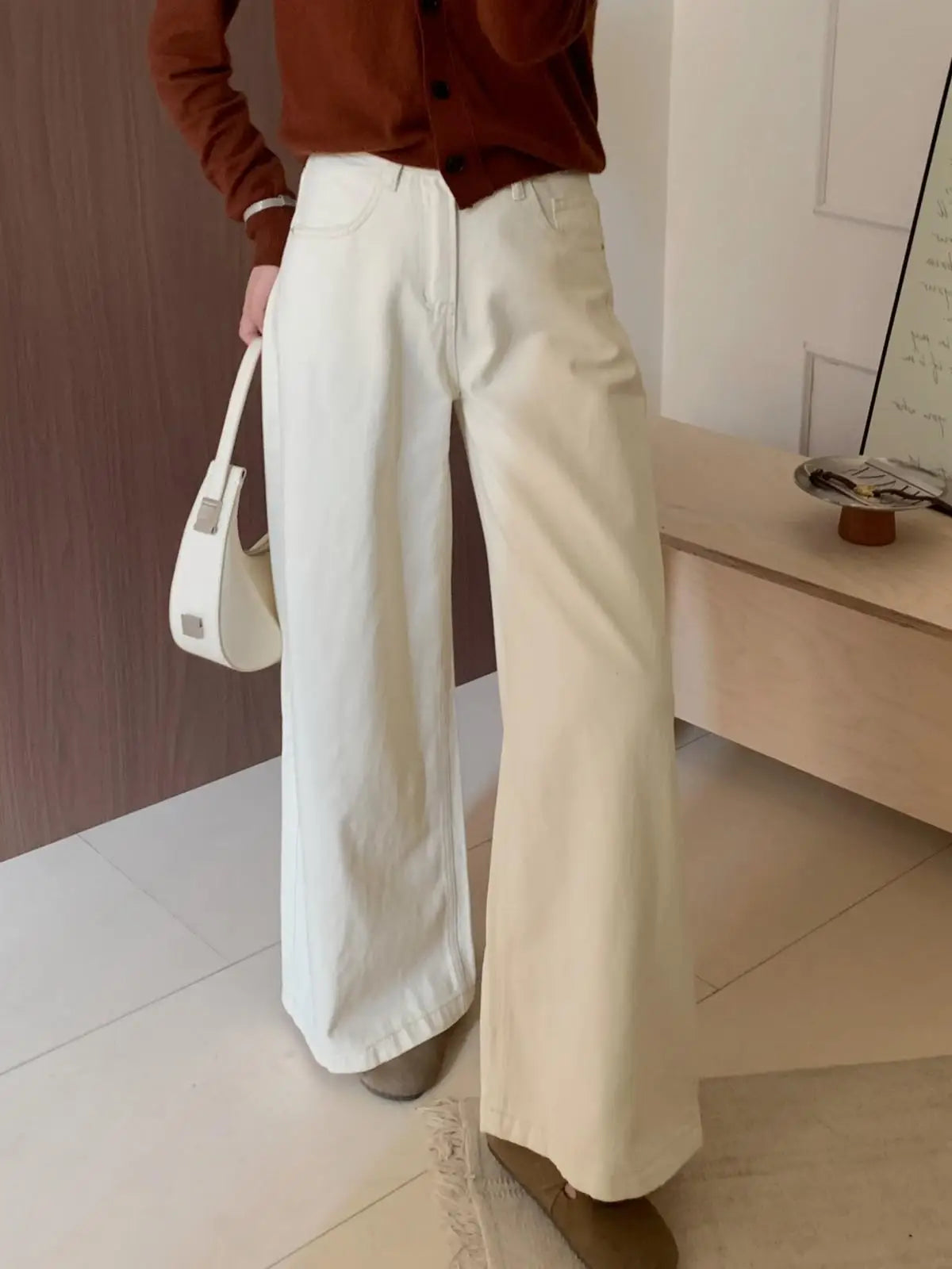 Casual Dark Blue Wide Leg Jeans Women Vintage Baggy High Waist - Beige / XXL