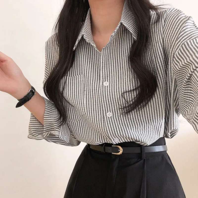 Casual Elegant High-rise Wide Striped Long Fleece Shirt Women’s Top - Black / Free Size - electronic accessories