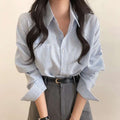 Casual Elegant High-rise Wide Striped Long Fleece Shirt Women’s Top - Blue / Free Size - electronic accessories
