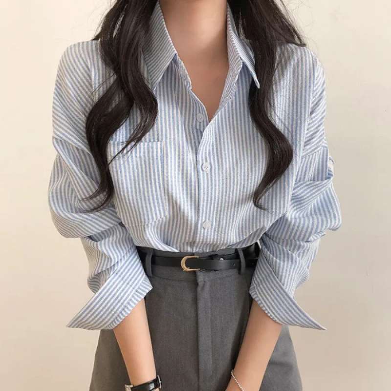 Casual Elegant High-rise Wide Striped Long Fleece Shirt Women’s Top - Blue / Free Size - electronic accessories