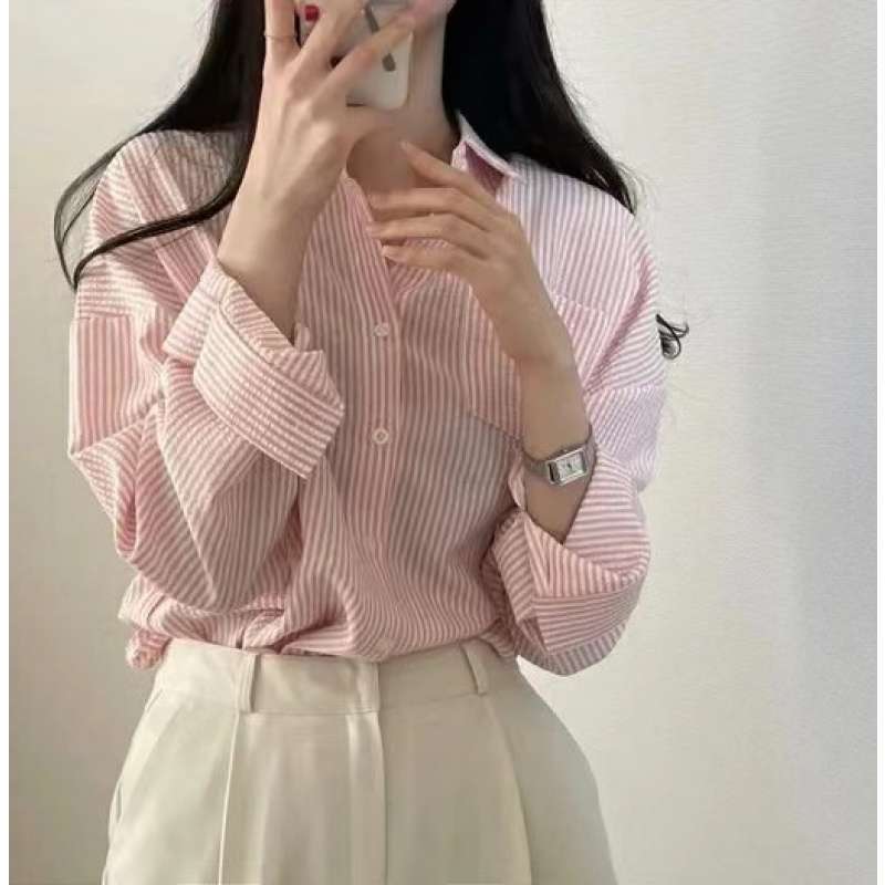 Casual Elegant High-rise Wide Striped Long Fleece Shirt Women’s Top - electronic accessories