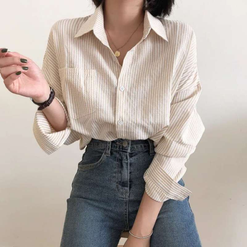 Casual Elegant High-rise Wide Striped Long Fleece Shirt Women’s Top - Apricot / Free Size - electronic accessories