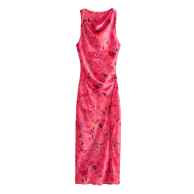Casual Flower Printed Silk Satin Texture Dress - Other