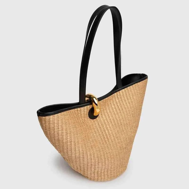 Casual Large Capacity Grass Weaving Golden Buckle Straw Woven Bag