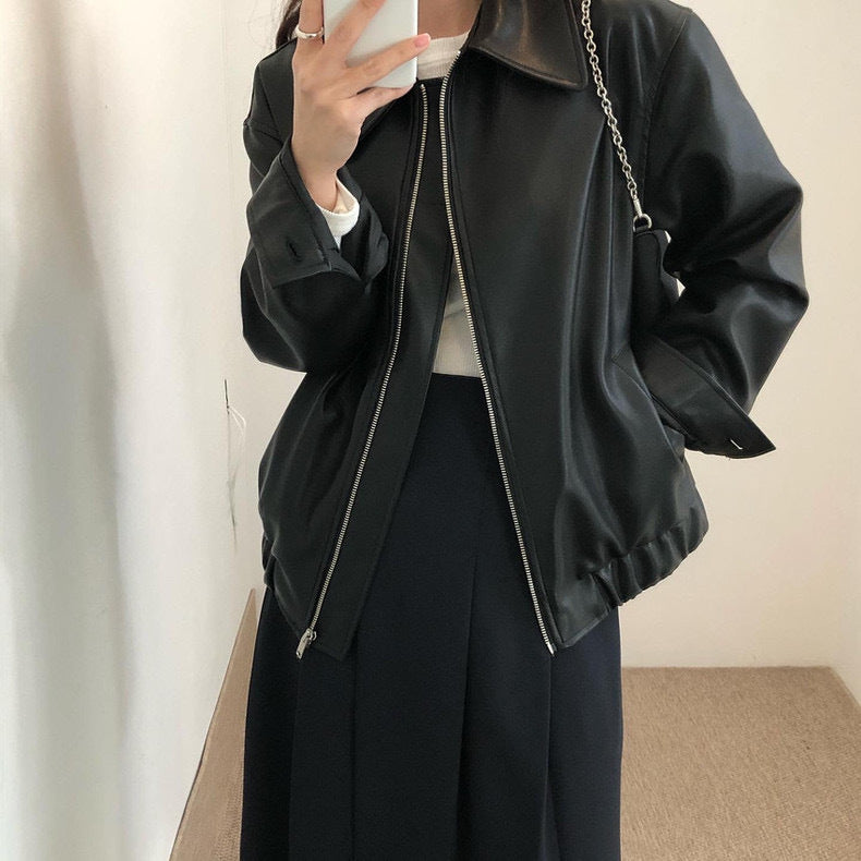 Casual Leather Coat for Women - Long Sleeve Stylish Outerwear - electronic accessories