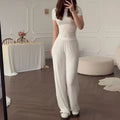 Casual Long Pants Suits Women O-neck Short Sleeve T-shirt Elastic Waist Trousers Set - WHITE / XXXL