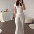 Casual Long Pants Suits Women O-neck Short Sleeve T-shirt Elastic Waist Trousers Set