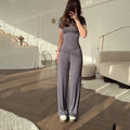 Casual Long Pants Suits Women O-neck Short Sleeve T-shirt Elastic Waist Trousers Set - Slate Grey / XXXL