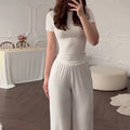 Casual Long Pants Suits Women O-neck Short Sleeve T-shirt Elastic Waist Trousers Set