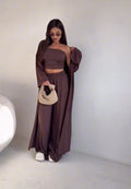 Casual Mid-calf Top Vest Long Cardigan Wide-leg Pants Three-piece Set - Other